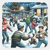 Nostalgic Winter Scene | Children's Snowball Fight Square Sticker