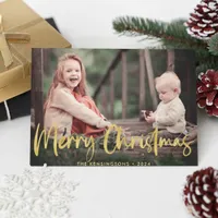 Christmas Plaid Gold Foil Script Holiday Photo