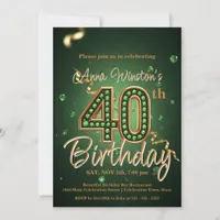 Elegant Green and Gold 40th Birthday Celebration Invitation