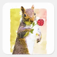 Cute Squirrel with Red Rose Watercolor Envelope Square Sticker