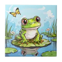 Cute Frog on a Lily Pad Cute Personalized Ceramic Tile