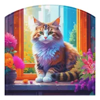 Cute Cat Sitting in City Window Ai Art Door Sign