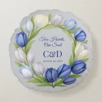 Elegant Watercolor Tulip Wreath Wedding Blue Ivory Round Pillow