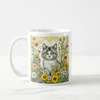 Gray and White Kitty Cat Sitting in Flowers Coffee Mug