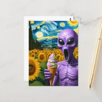 Funny Alien With Ice Cream Faux Van Gogh Postcard
