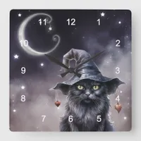 Black Halloween Cat Wearing a Witch Hat  Square Wall Clock