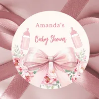 Bow pink florals bottles Baby Shower Classic Round Sticker