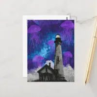 Surreal Purple Jellyfish and Vintage Lighthouse Postcard