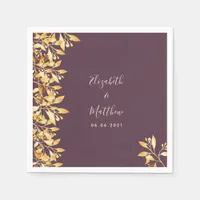 Cassis purple gold botanical foliage wedding napkins