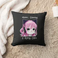 Music, Gaming and Kitty Cats | Anime Girl Throw Pillow