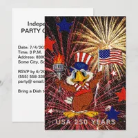 250 Years Cartoon Eagle USA Flag & Fireworks Invitation