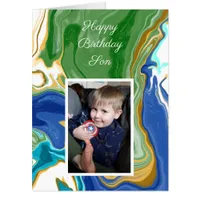 Blue and Green Faux Marble Personalized Birthday   Card