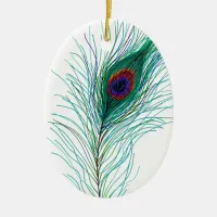 Hand drawn Peacock Feathers Personalized Christmas Ceramic Ornament