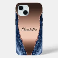 Blue agate marble rose gold name script iPhone 15 case