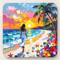 Vibrant Sunset Abstract Beach Scene   Beverage Coaster
