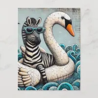 A Cool Zebra Blue Sunglasses on a Floating Swan Postcard