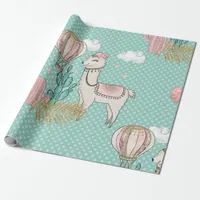 Pink, Mint and Gold Glitter Desert Steampunk Llama Wrapping Paper
