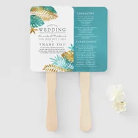 Teal and Gold Tropical Wedding Program Hand Fan