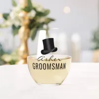 Groomsman Name Top Hat Wedding Date Stemless Wine Glass