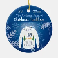 Family Christmas ugly sweater blue white monogram Ceramic Ornament