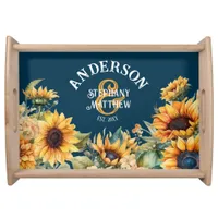 Rustic Navy Blue Sunflower Custom Wedding Gift Serving Tray