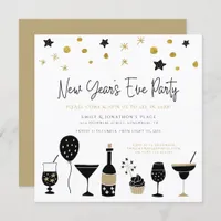 Funky Cocktails Champagne Gold Black New Years Eve Invitation