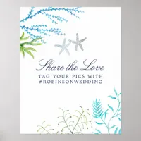 Watercolor Seaweed Beach Wedding Hashtag Poster