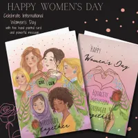IWD Pink Watercolor multiethnic Women GIVE TO GAIN Holiday Card