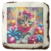 Cute Pink and Blue Kitten Girl's Birthday Brownie