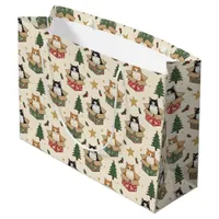 Orange and Black & White Kittens Christmas Pattern Large Gift Bag