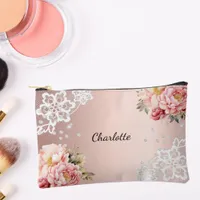 Rose gold pink florals lace accessory pouch