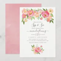 Pastel Pink Watercolor Peonies Sip and See Invitation