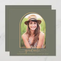 Boho Arch Minimalist Green Gold Photo Graduation Invitation