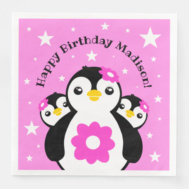 Cute Happy Birthday Girl Penguins Pink Flowers Paper Dinner Napkins