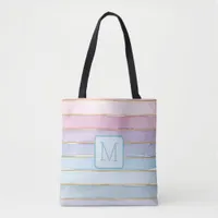 Wide Stripe Blue Purple Pink Color Block Monogram Tote Bag