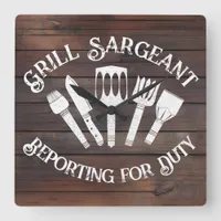 Rustic ‘ 'Grill Sargeant’ – Funny BBQ Gift Square Wall Clock