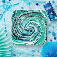 Blue, Teal, Turquoise and White Swirls Marble Art  Paper Plates