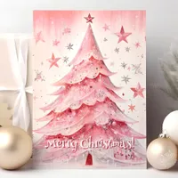 Pink Christmas Tree And Stars Merry Christmas Holiday Card