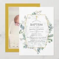 Watercolor Eucalyptus Geometric Baptism Photo Invitation