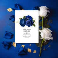 Royal Blue and Faux Foil Gold Floral Wedding Invitation