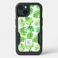 Bold Tropical Green Watercolor Leaves Monogram iPhone 13 Case