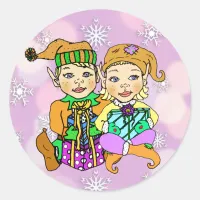 Hand drawn Elf girl and boy holding Gifts Classic Round Sticker