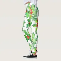 Holly Leaves, Berries, Red Green Floral Christmas Leggings