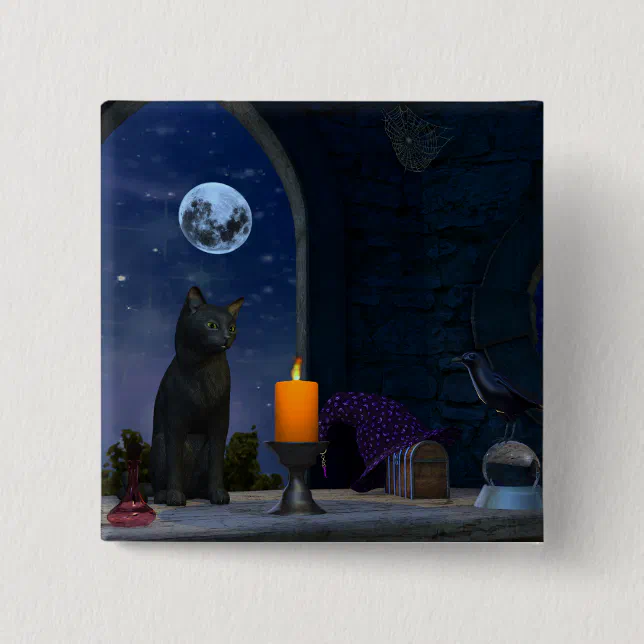 Cute Black Cat Staring at a Candle Button