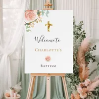 Baptism eucalyptus pink floral girl welcome foam board