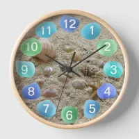 Sea Glass with Seashells on Beach Sand Clock