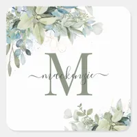 Elegant Eucalyptus Greenery Floral Monogram Square Sticker