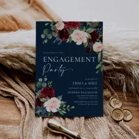 Navy Floral Burgundy Blush Engagement Invitation