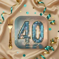 Elegant Glamorous Teal Crystal 40th Birthday Party Paper Plates