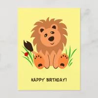 Cute lion in the grass with ladybug    postcard